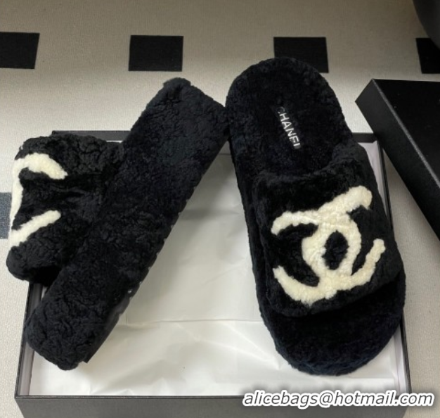 Low Price Chanel Wool Platform Slides Sandal with Maxi CC Black 2025 CH110306 1103086