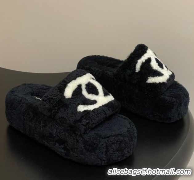 Low Price Chanel Wool Platform Slides Sandal with Maxi CC Black 2025 CH110306 1103086