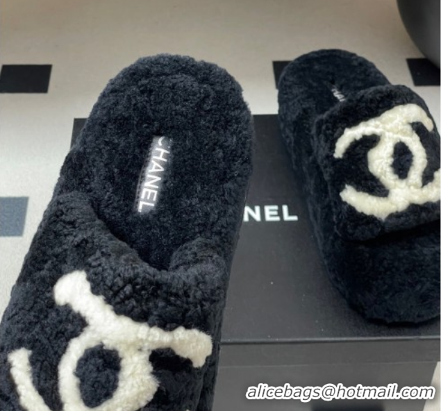 Low Price Chanel Wool Platform Slides Sandal with Maxi CC Black 2025 CH110306 1103086