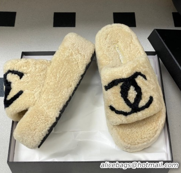 Discount Chanel Wool Platform Slides Sandal with Maxi CC Beige 2025 CH110306 1103087