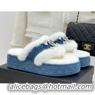 Top Grade Chanel Denim and Wool Platform Slides Sandal with Strass CC Blue 2025 CH110307 1103089