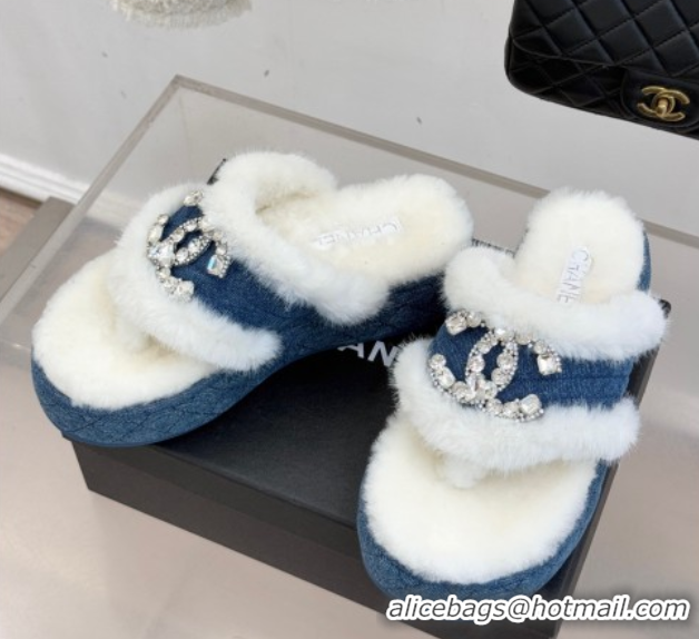 Top Grade Chanel Denim and Wool Platform Slides Sandal with Strass CC Blue 2025 CH110307 1103089