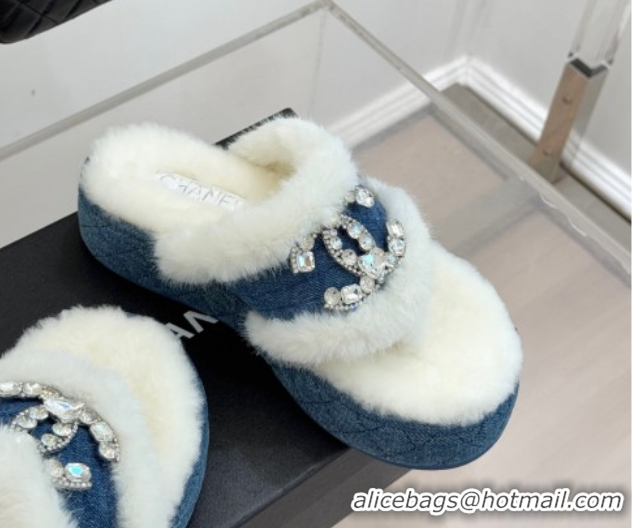 Top Grade Chanel Denim and Wool Platform Slides Sandal with Strass CC Blue 2025 CH110307 1103089