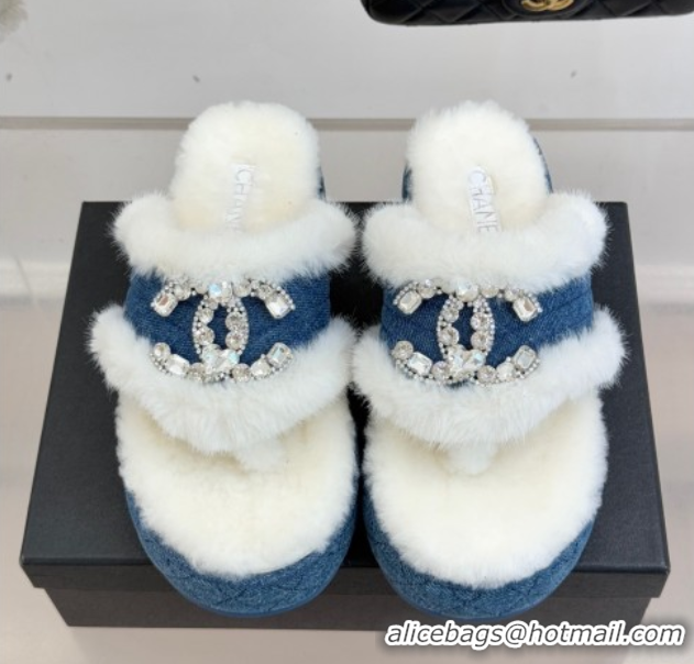 Top Grade Chanel Denim and Wool Platform Slides Sandal with Strass CC Blue 2025 CH110307 1103089