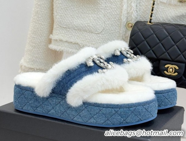 Top Grade Chanel Denim and Wool Platform Slides Sandal with Strass CC Blue 2025 CH110307 1103089