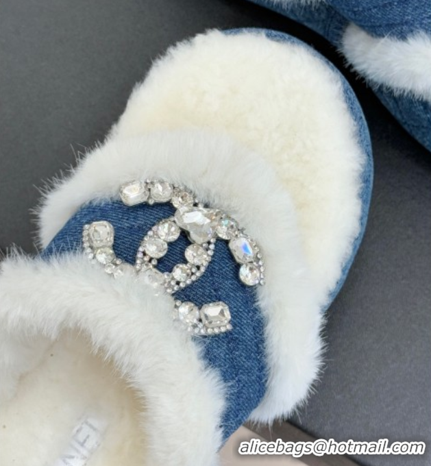 Top Grade Chanel Denim and Wool Platform Slides Sandal with Strass CC Blue 2025 CH110307 1103089