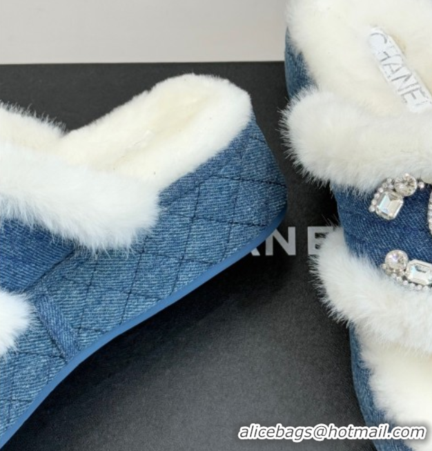 Top Grade Chanel Denim and Wool Platform Slides Sandal with Strass CC Blue 2025 CH110307 1103089