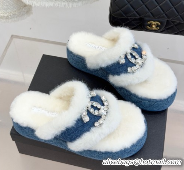 Top Grade Chanel Denim and Wool Platform Slides Sandal with Strass CC Blue 2025 CH110307 1103089