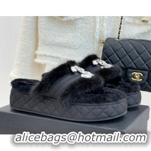 Durable Chanel Fabric and Wool Platform Slides Sandal with Strass CC Black 2025 CH110307 1103091