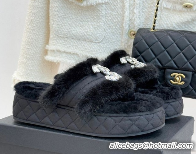 Durable Chanel Fabric and Wool Platform Slides Sandal with Strass CC Black 2025 CH110307 1103091