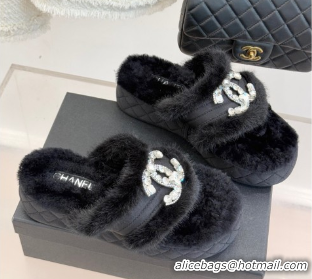 Durable Chanel Fabric and Wool Platform Slides Sandal with Strass CC Black 2025 CH110307 1103091