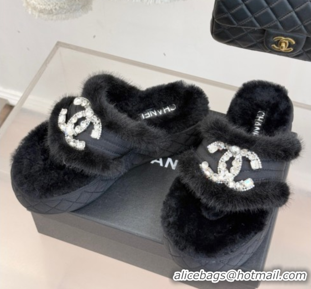 Durable Chanel Fabric and Wool Platform Slides Sandal with Strass CC Black 2025 CH110307 1103091