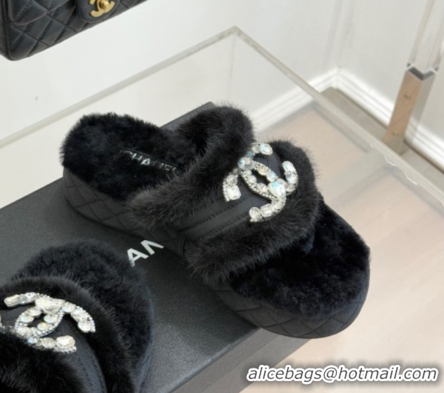 Durable Chanel Fabric and Wool Platform Slides Sandal with Strass CC Black 2025 CH110307 1103091