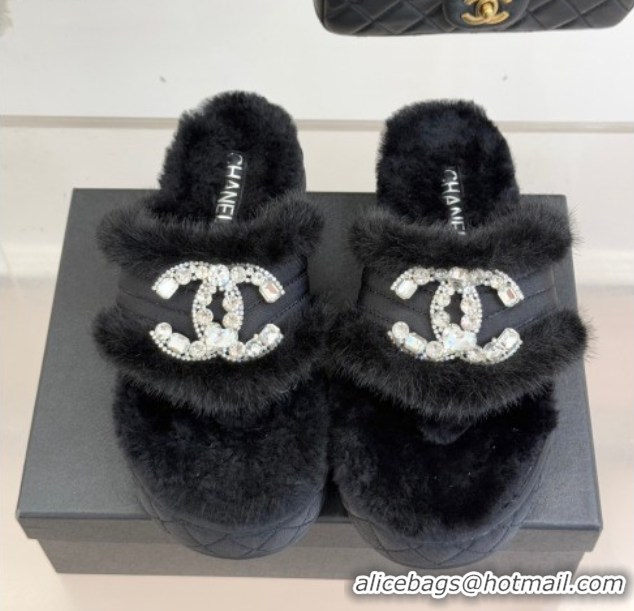 Durable Chanel Fabric and Wool Platform Slides Sandal with Strass CC Black 2025 CH110307 1103091