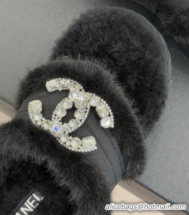 Durable Chanel Fabric and Wool Platform Slides Sandal with Strass CC Black 2025 CH110307 1103091