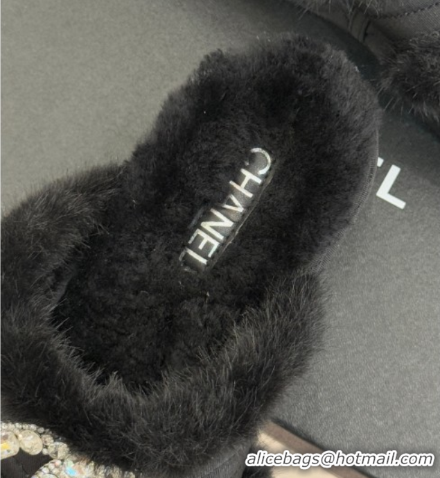 Durable Chanel Fabric and Wool Platform Slides Sandal with Strass CC Black 2025 CH110307 1103091