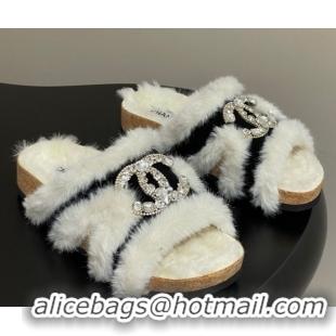 Shop Duplicate Chanel Suede and Wool Platform Slides Sandal with Strass CC Black 2025 CH110308 1103092