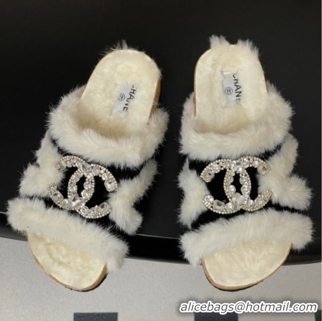 Shop Duplicate Chanel Suede and Wool Platform Slides Sandal with Strass CC Black 2025 CH110308 1103092