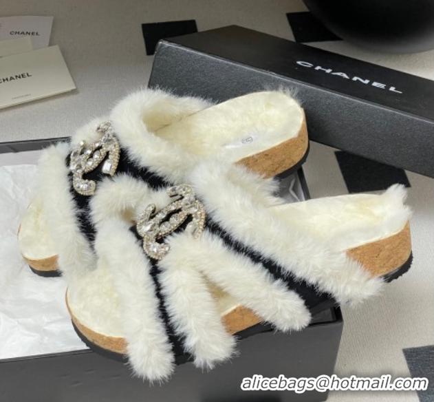 Shop Duplicate Chanel Suede and Wool Platform Slides Sandal with Strass CC Black 2025 CH110308 1103092