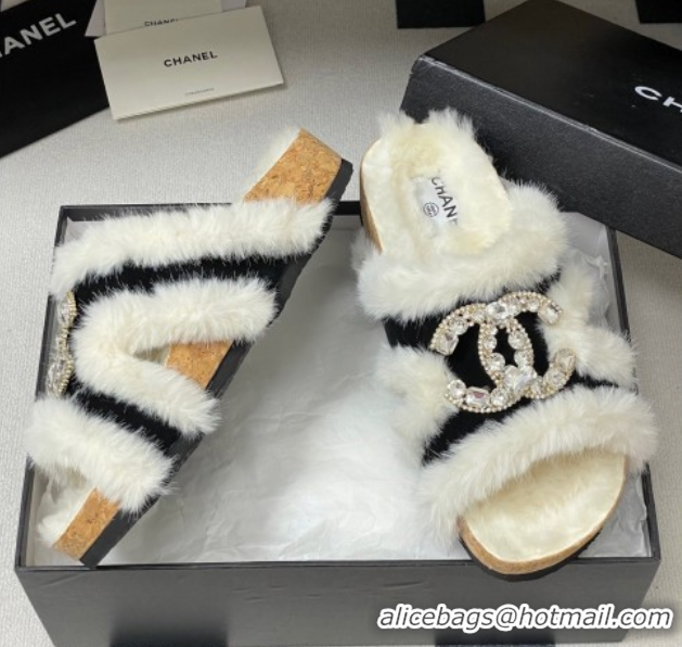 Shop Duplicate Chanel Suede and Wool Platform Slides Sandal with Strass CC Black 2025 CH110308 1103092