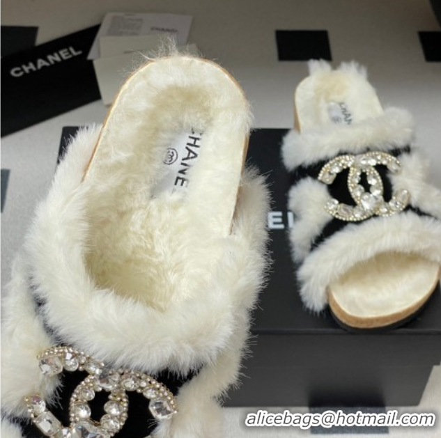 Shop Duplicate Chanel Suede and Wool Platform Slides Sandal with Strass CC Black 2025 CH110308 1103092