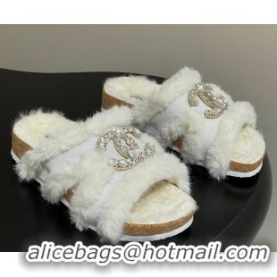 Chanel Suede and Wool Platform Slides Sandal with Strass CC White 2025 CH110308 1103093