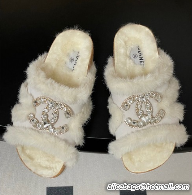 Chanel Suede and Wool Platform Slides Sandal with Strass CC White 2025 CH110308 1103093