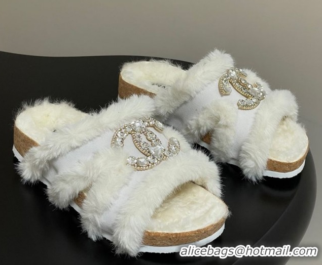 Chanel Suede and Wool Platform Slides Sandal with Strass CC White 2025 CH110308 1103093
