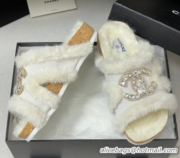 Chanel Suede and Wool Platform Slides Sandal with Strass CC White 2025 CH110308 1103093