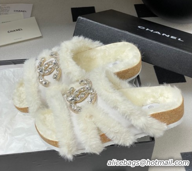 Chanel Suede and Wool Platform Slides Sandal with Strass CC White 2025 CH110308 1103093