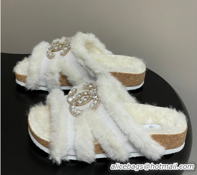 Chanel Suede and Wool Platform Slides Sandal with Strass CC White 2025 CH110308 1103093