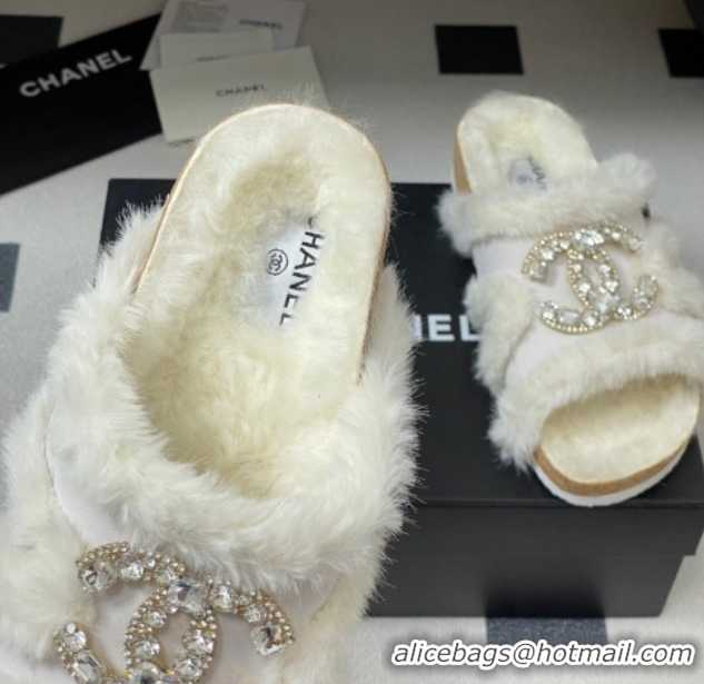 Chanel Suede and Wool Platform Slides Sandal with Strass CC White 2025 CH110308 1103093