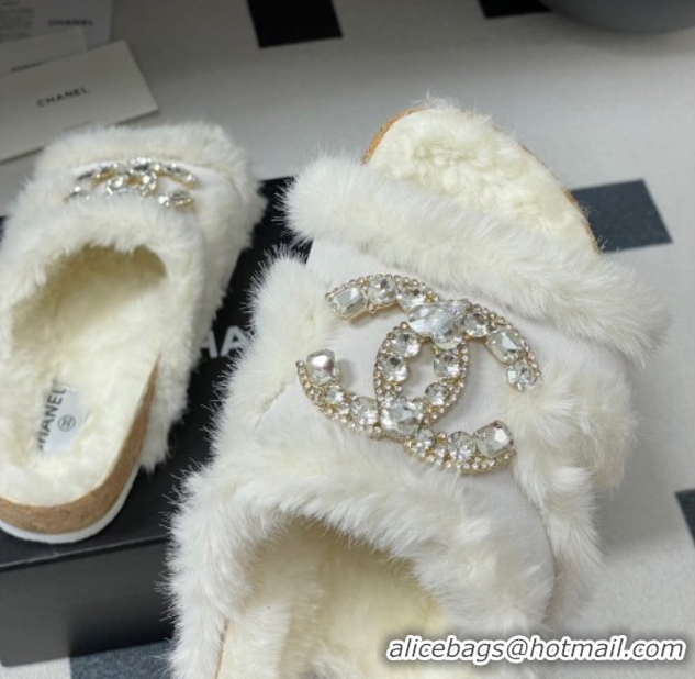 Chanel Suede and Wool Platform Slides Sandal with Strass CC White 2025 CH110308 1103093