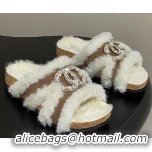 Perfect Chanel Suede and Wool Platform Slides Sandal with Strass CC Beige 2025 CH110308 1103094