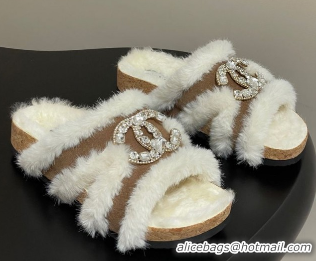 Perfect Chanel Suede and Wool Platform Slides Sandal with Strass CC Beige 2025 CH110308 1103094