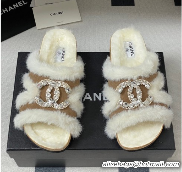 Perfect Chanel Suede and Wool Platform Slides Sandal with Strass CC Beige 2025 CH110308 1103094