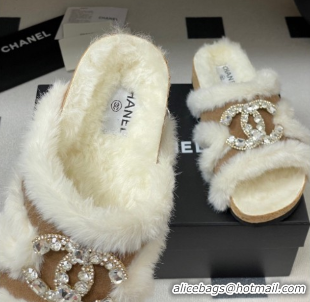 Perfect Chanel Suede and Wool Platform Slides Sandal with Strass CC Beige 2025 CH110308 1103094