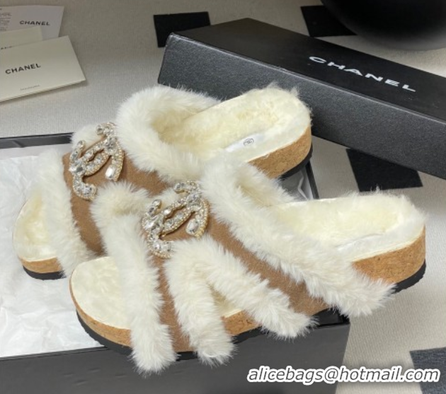 Perfect Chanel Suede and Wool Platform Slides Sandal with Strass CC Beige 2025 CH110308 1103094