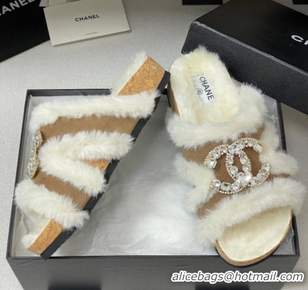 Perfect Chanel Suede and Wool Platform Slides Sandal with Strass CC Beige 2025 CH110308 1103094