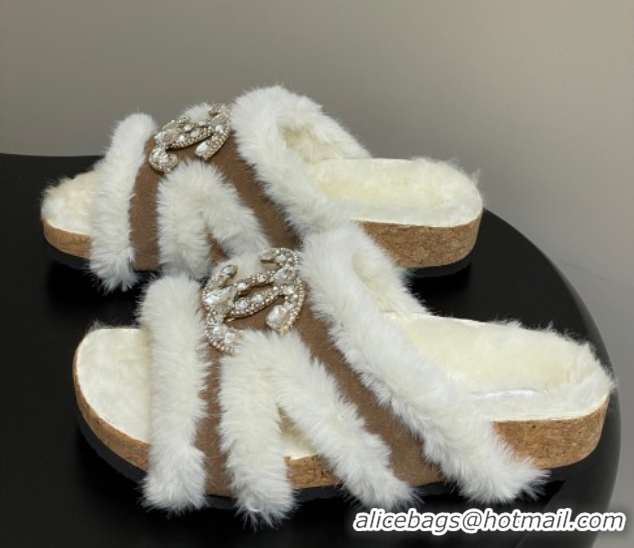 Perfect Chanel Suede and Wool Platform Slides Sandal with Strass CC Beige 2025 CH110308 1103094