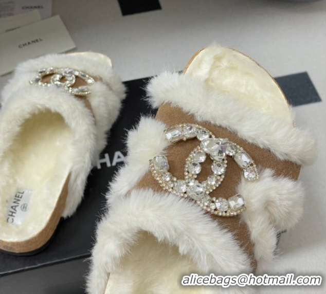 Perfect Chanel Suede and Wool Platform Slides Sandal with Strass CC Beige 2025 CH110308 1103094
