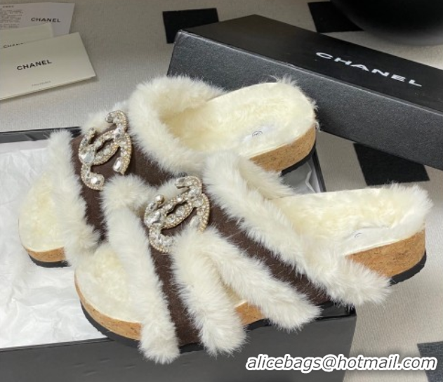 Charming Chanel Suede and Wool Platform Slides Sandal with Strass CC Dark Brown 2025 CH110308 1103095