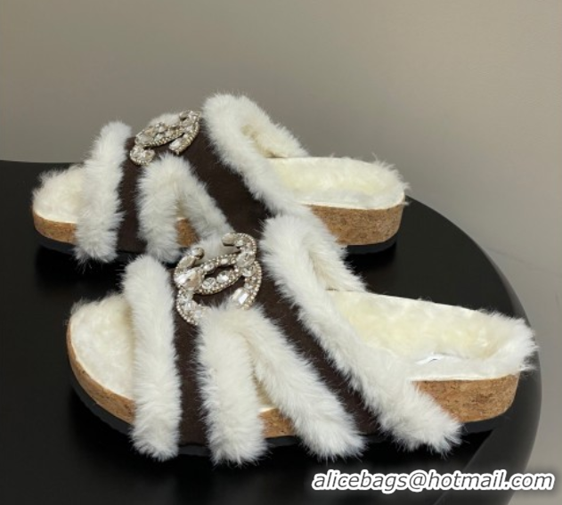 Charming Chanel Suede and Wool Platform Slides Sandal with Strass CC Dark Brown 2025 CH110308 1103095
