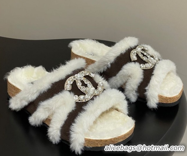 Charming Chanel Suede and Wool Platform Slides Sandal with Strass CC Dark Brown 2025 CH110308 1103095