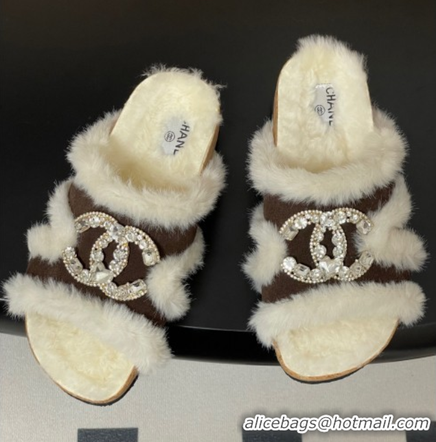 Charming Chanel Suede and Wool Platform Slides Sandal with Strass CC Dark Brown 2025 CH110308 1103095