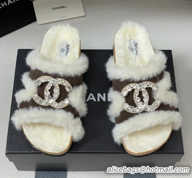 Charming Chanel Suede and Wool Platform Slides Sandal with Strass CC Dark Brown 2025 CH110308 1103095