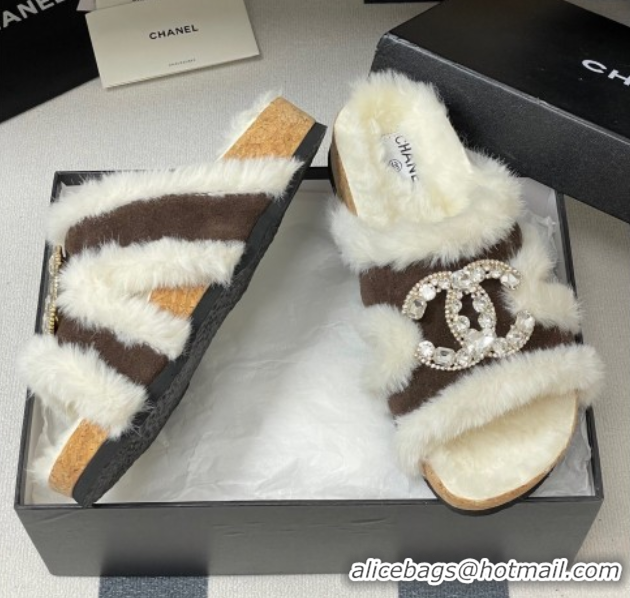 Charming Chanel Suede and Wool Platform Slides Sandal with Strass CC Dark Brown 2025 CH110308 1103095
