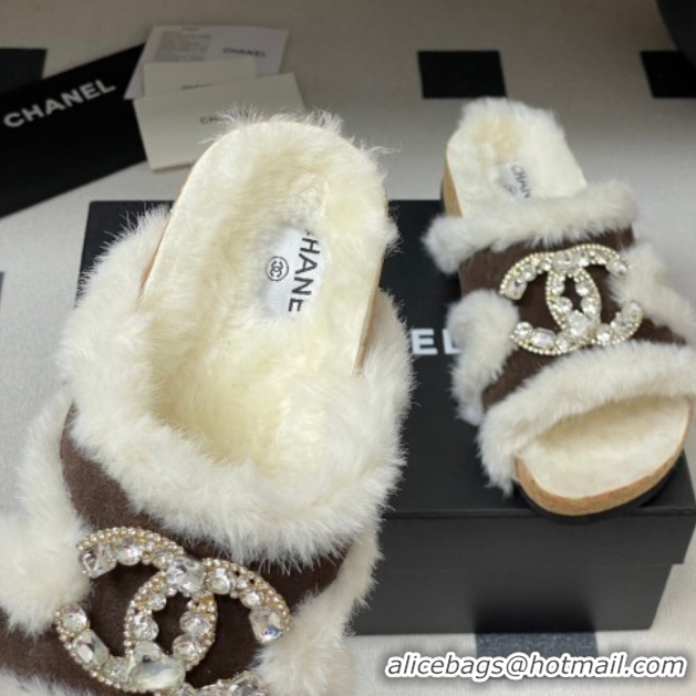 Charming Chanel Suede and Wool Platform Slides Sandal with Strass CC Dark Brown 2025 CH110308 1103095