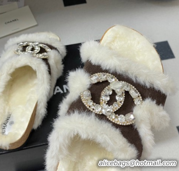 Charming Chanel Suede and Wool Platform Slides Sandal with Strass CC Dark Brown 2025 CH110308 1103095