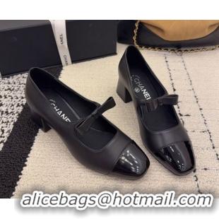 Buy Discount Chanel Lambskin and Patent Leather Mary Janes Pumps 5cm with Bow Black 2025 CH110302 1103101